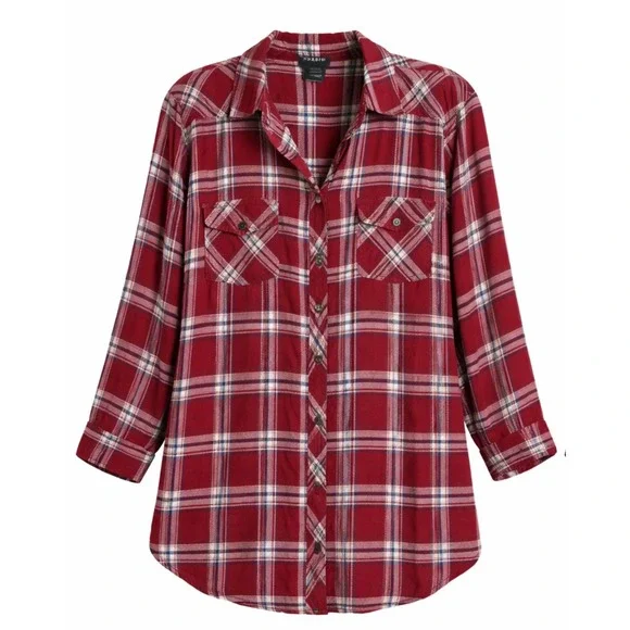 Torrid Womens Maroon Plaid Button Down Rayon Long Sleeve Flannel Shirt Plus 2X - Picture 1 of 5